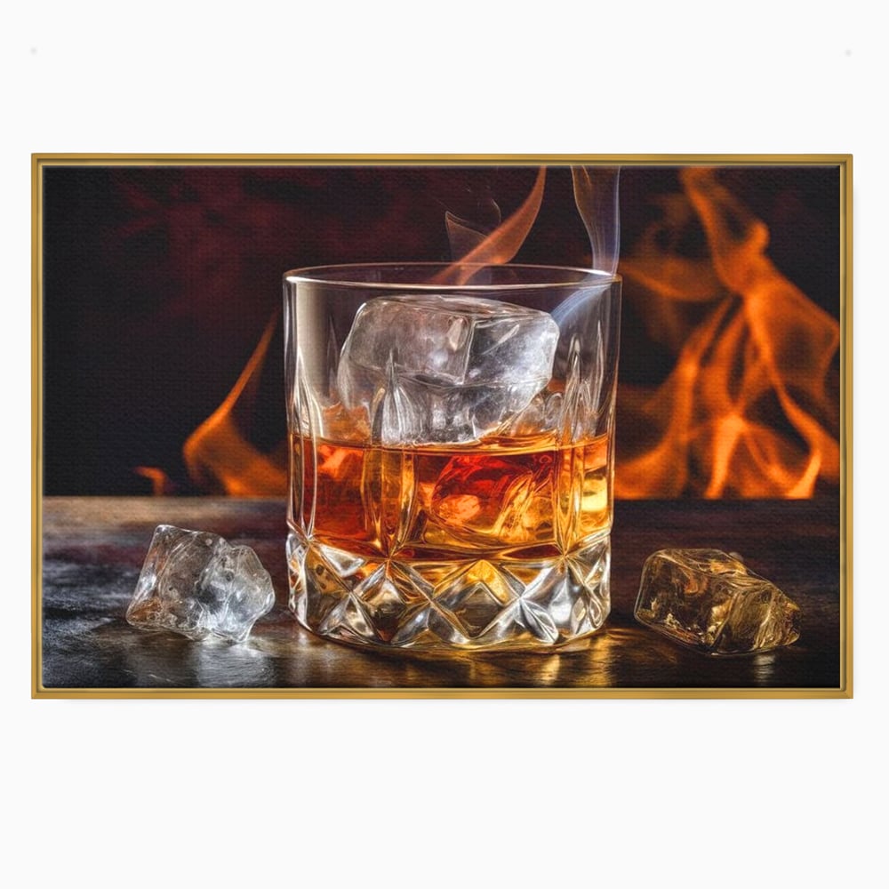 Tablou canvas cu tablou canvas cu pahar de whisky si foc, in rama de aluminiu auriu